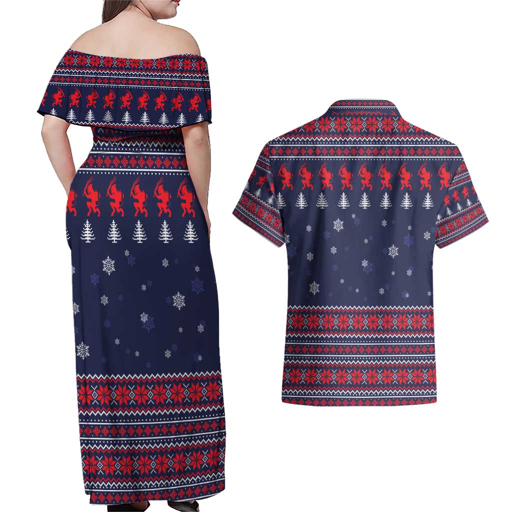 Merry Krampus Christmas Couples Matching Off Shoulder Maxi Dress and Hawaiian Shirt Xmas Holiday Patterns - Wonder Print Shop