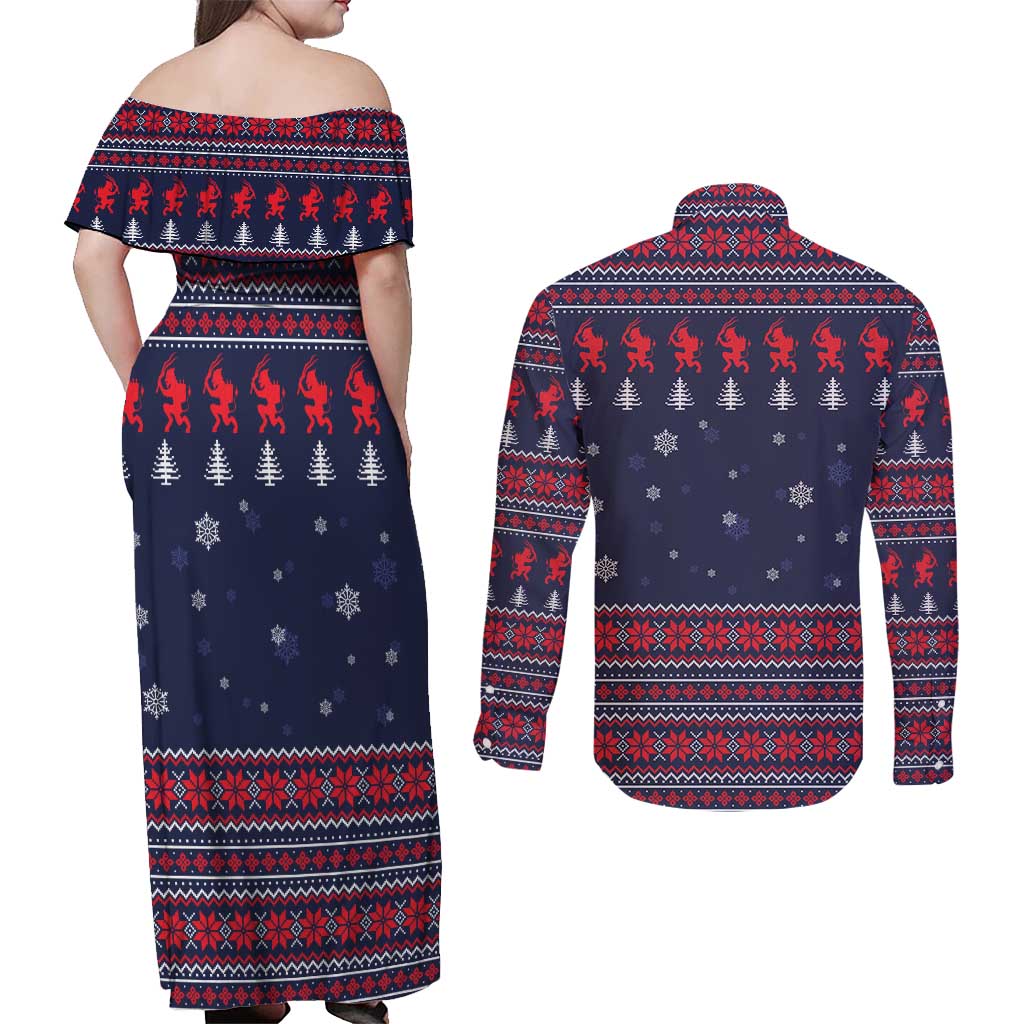 Merry Krampus Christmas Couples Matching Off Shoulder Maxi Dress and Long Sleeve Button Shirt Xmas Holiday Patterns - Wonder Print Shop