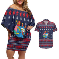 Merry Krampus Christmas Couples Matching Off Shoulder Short Dress and Hawaiian Shirt Xmas Holiday Patterns - Wonder Print Shop