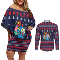 Merry Krampus Christmas Couples Matching Off Shoulder Short Dress and Long Sleeve Button Shirt Xmas Holiday Patterns - Wonder Print Shop