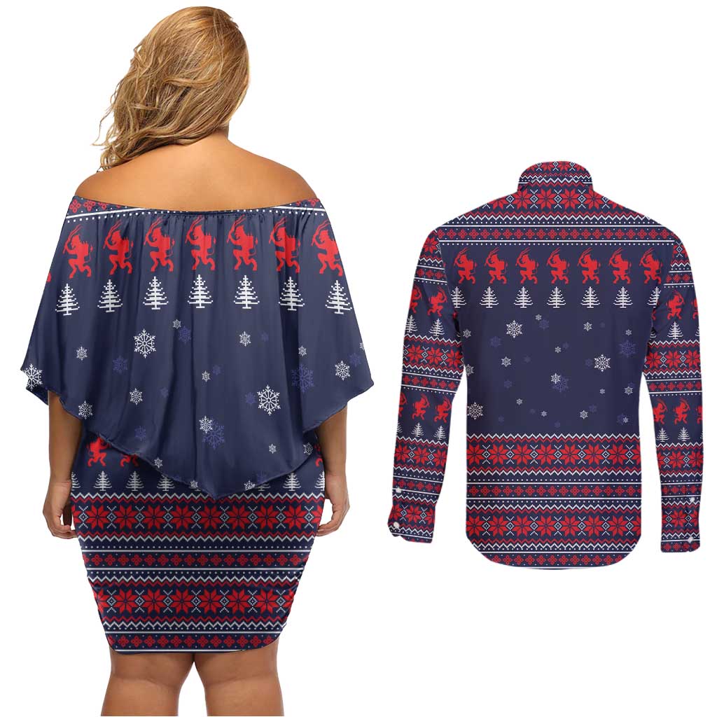 Merry Krampus Christmas Couples Matching Off Shoulder Short Dress and Long Sleeve Button Shirt Xmas Holiday Patterns - Wonder Print Shop