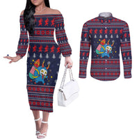 Merry Krampus Christmas Couples Matching Off The Shoulder Long Sleeve Dress and Long Sleeve Button Shirt Xmas Holiday Patterns - Wonder Print Shop