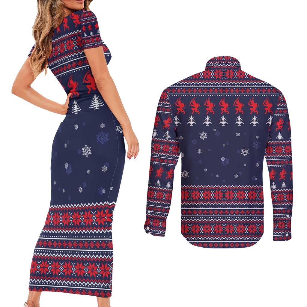 Merry Krampus Christmas Couples Matching Short Sleeve Bodycon Dress and Long Sleeve Button Shirt Xmas Holiday Patterns - Wonder Print Shop