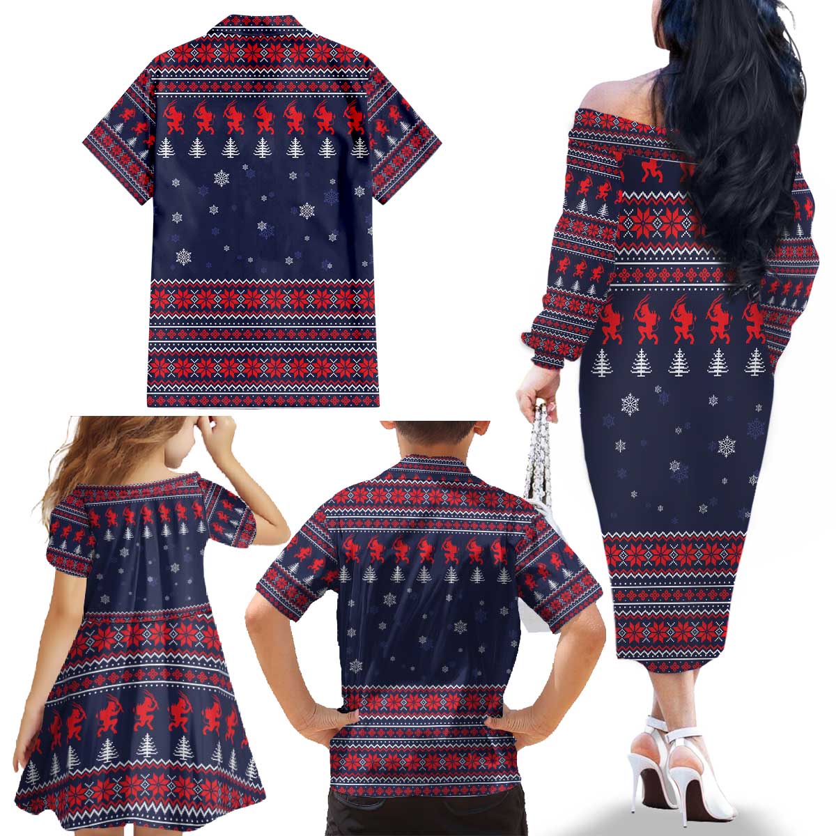 Merry Krampus Christmas Family Matching Off The Shoulder Long Sleeve Dress and Hawaiian Shirt Xmas Holiday Patterns - Wonder Print Shop