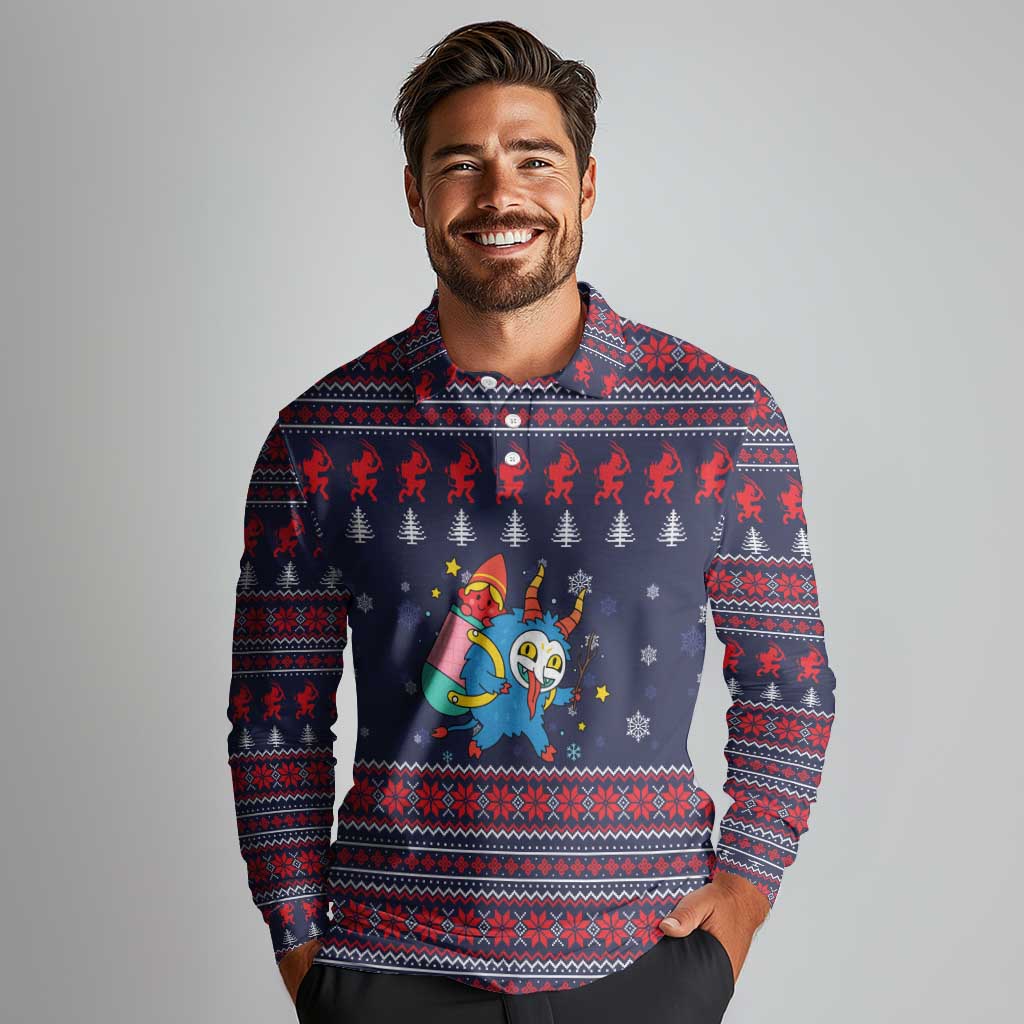 Merry Krampus Christmas Long Sleeve Polo Shirt Xmas Holiday Patterns - Wonder Print Shop