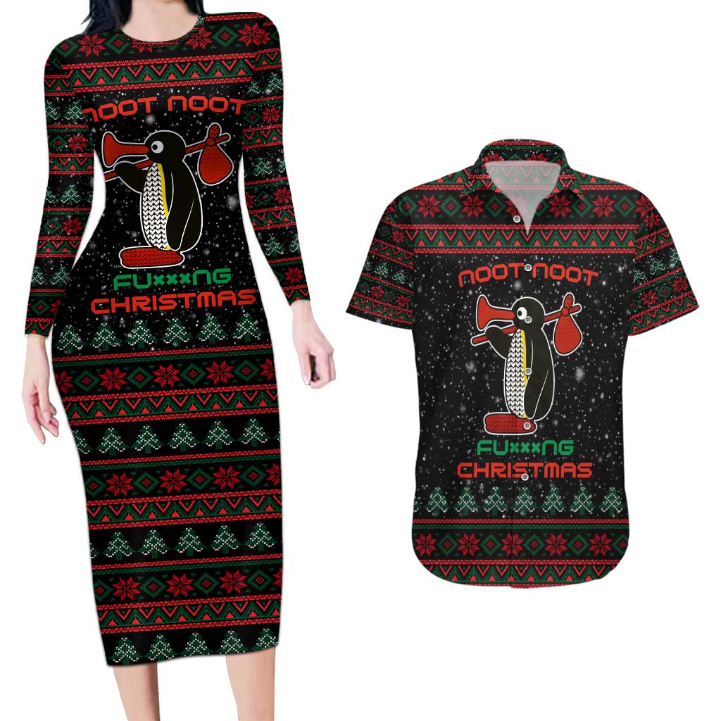 Penguin Tree Christmas Couples Matching Long Sleeve Bodycon Dress and Hawaiian Shirt Xmas Holiday Patterns - Wonder Print Shop
