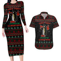Penguin Tree Christmas Couples Matching Long Sleeve Bodycon Dress and Hawaiian Shirt Xmas Holiday Patterns - Wonder Print Shop