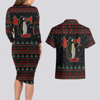 Penguin Tree Christmas Couples Matching Long Sleeve Bodycon Dress and Hawaiian Shirt Xmas Holiday Patterns - Wonder Print Shop