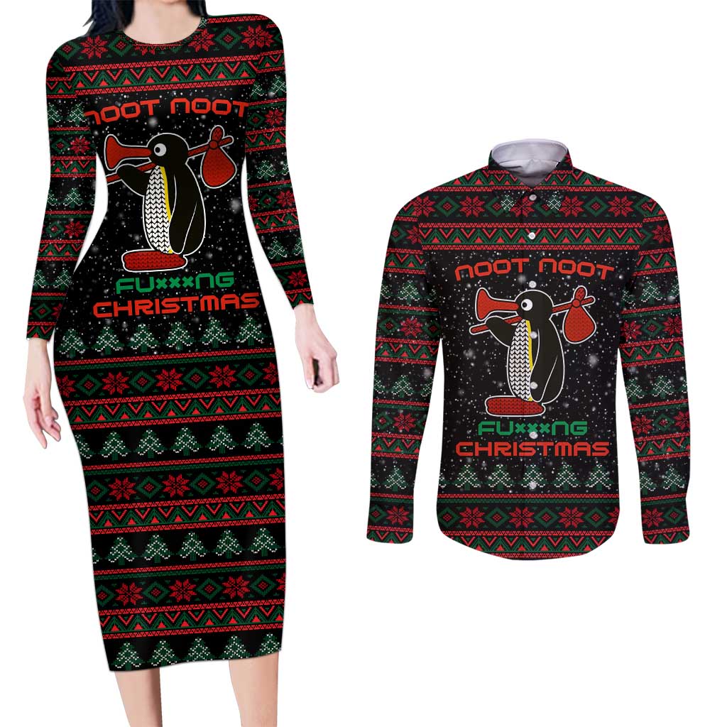 Penguin Tree Christmas Couples Matching Long Sleeve Bodycon Dress and Long Sleeve Button Shirt Xmas Holiday Patterns - Wonder Print Shop