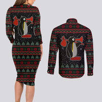 Penguin Tree Christmas Couples Matching Long Sleeve Bodycon Dress and Long Sleeve Button Shirt Xmas Holiday Patterns - Wonder Print Shop