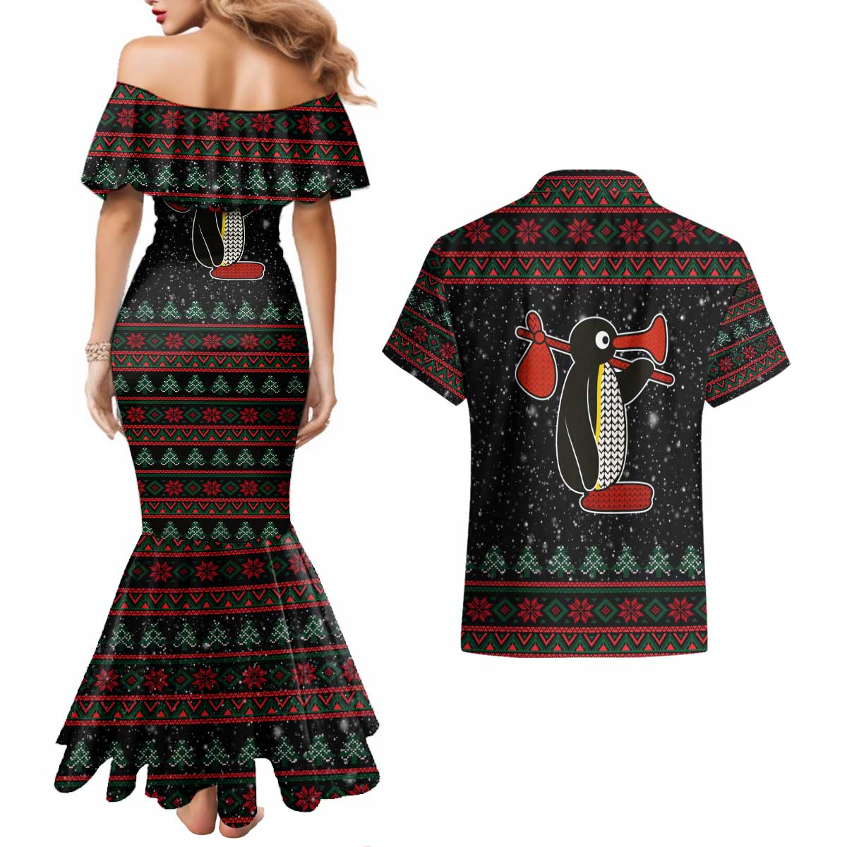 Penguin Tree Christmas Couples Matching Mermaid Dress and Hawaiian Shirt Xmas Holiday Patterns - Wonder Print Shop
