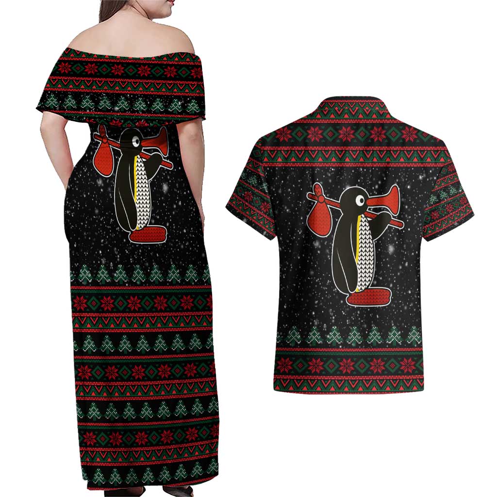 Penguin Tree Christmas Couples Matching Off Shoulder Maxi Dress and Hawaiian Shirt Xmas Holiday Patterns - Wonder Print Shop