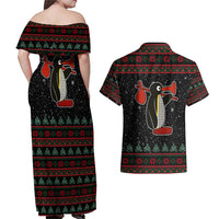 Penguin Tree Christmas Couples Matching Off Shoulder Maxi Dress and Hawaiian Shirt Xmas Holiday Patterns - Wonder Print Shop