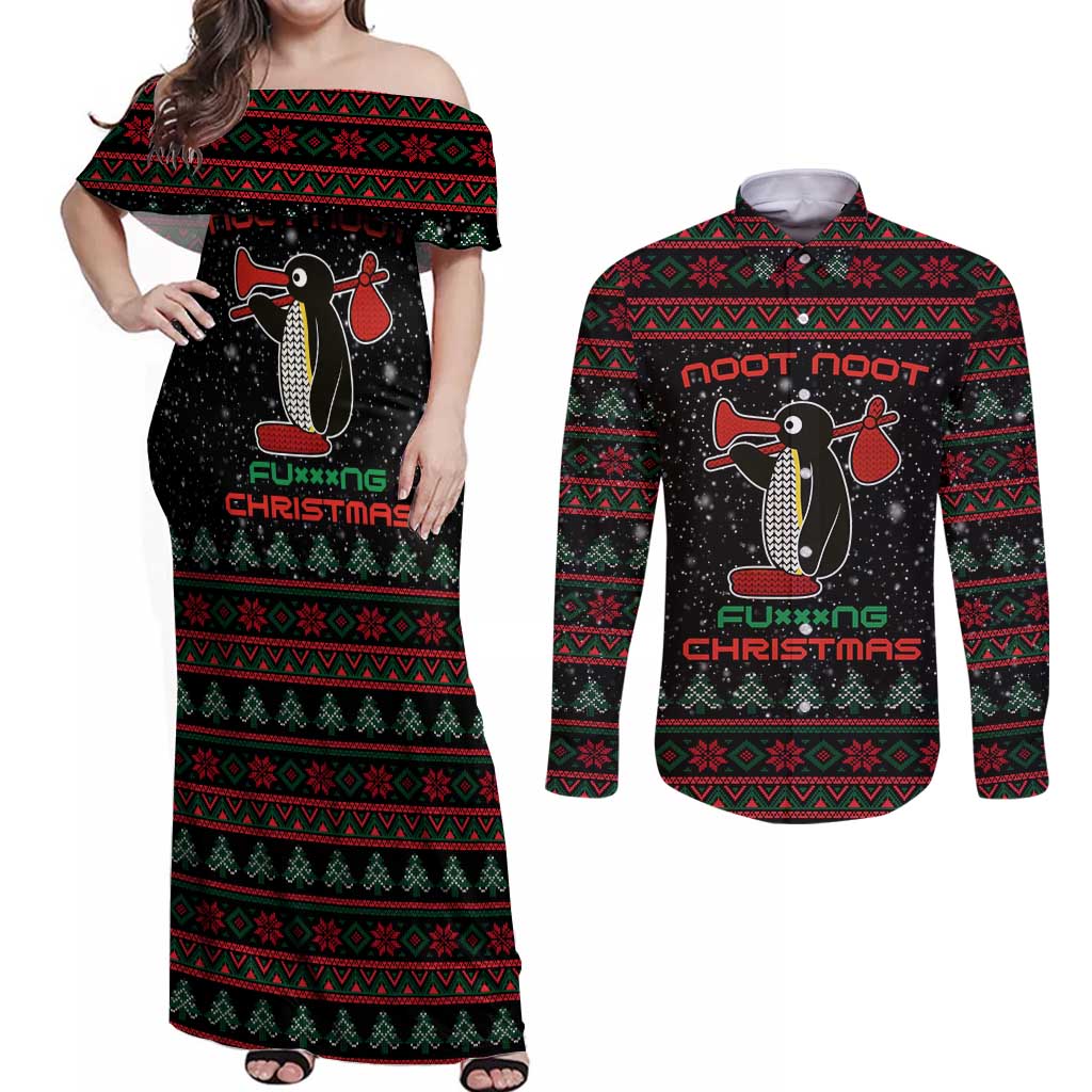 Penguin Tree Christmas Couples Matching Off Shoulder Maxi Dress and Long Sleeve Button Shirt Xmas Holiday Patterns - Wonder Print Shop