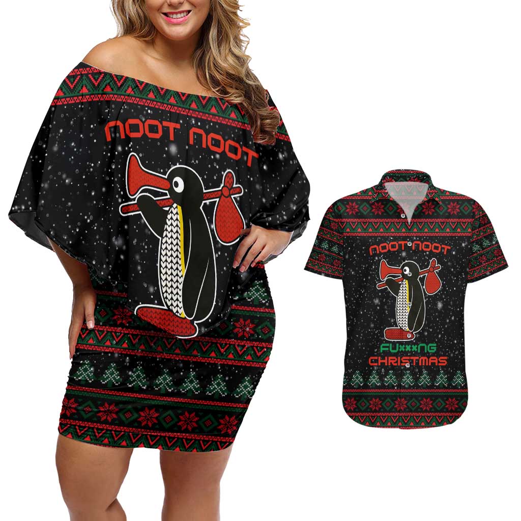 Penguin Tree Christmas Couples Matching Off Shoulder Short Dress and Hawaiian Shirt Xmas Holiday Patterns - Wonder Print Shop