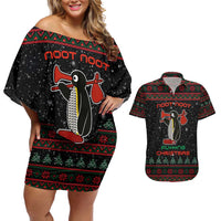 Penguin Tree Christmas Couples Matching Off Shoulder Short Dress and Hawaiian Shirt Xmas Holiday Patterns - Wonder Print Shop