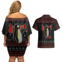 Penguin Tree Christmas Couples Matching Off Shoulder Short Dress and Hawaiian Shirt Xmas Holiday Patterns - Wonder Print Shop