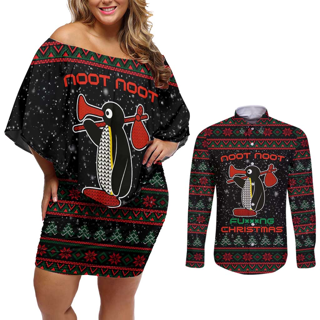 Penguin Tree Christmas Couples Matching Off Shoulder Short Dress and Long Sleeve Button Shirt Xmas Holiday Patterns - Wonder Print Shop