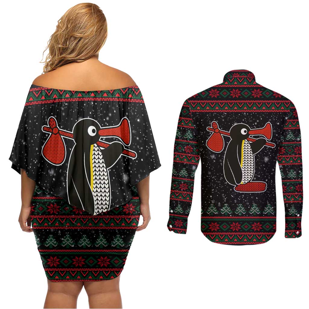 Penguin Tree Christmas Couples Matching Off Shoulder Short Dress and Long Sleeve Button Shirt Xmas Holiday Patterns - Wonder Print Shop