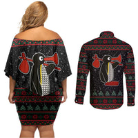 Penguin Tree Christmas Couples Matching Off Shoulder Short Dress and Long Sleeve Button Shirt Xmas Holiday Patterns - Wonder Print Shop