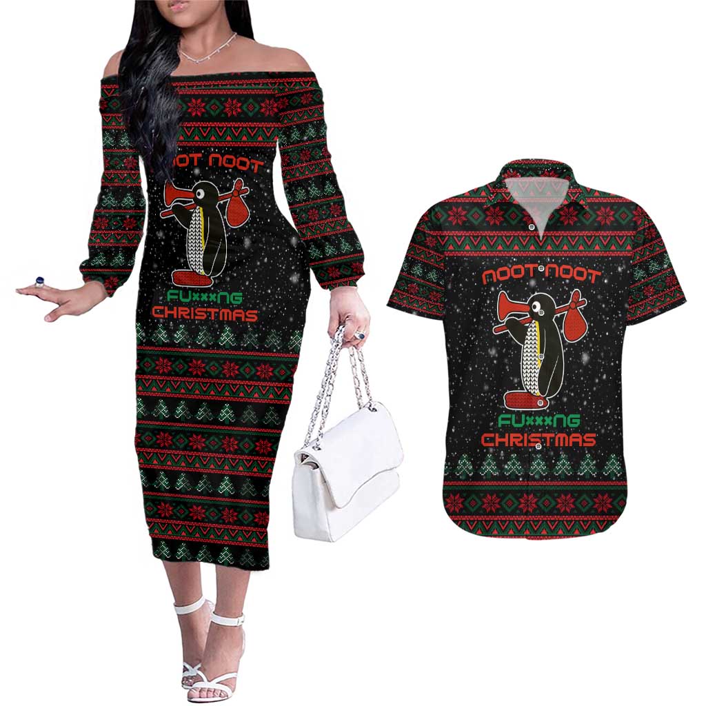 Penguin Tree Christmas Couples Matching Off The Shoulder Long Sleeve Dress and Hawaiian Shirt Xmas Holiday Patterns - Wonder Print Shop