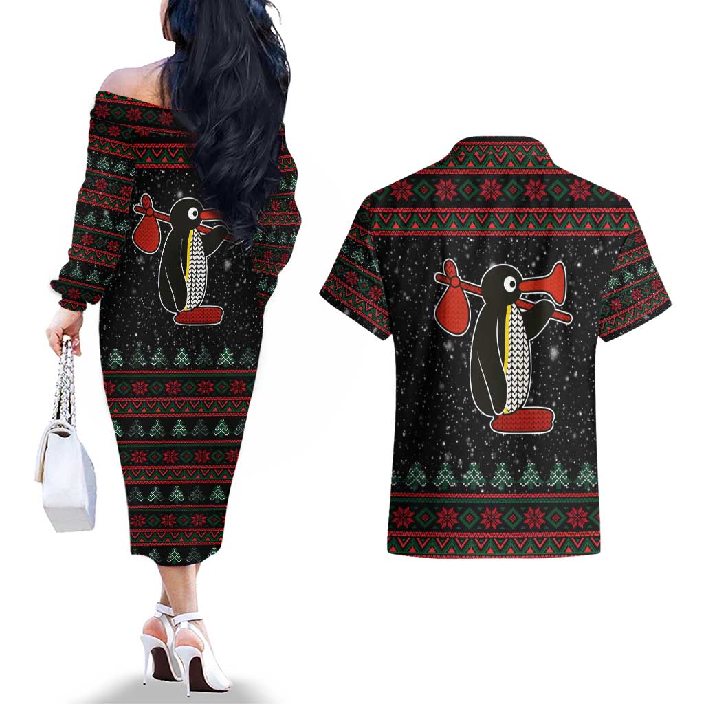 Penguin Tree Christmas Couples Matching Off The Shoulder Long Sleeve Dress and Hawaiian Shirt Xmas Holiday Patterns - Wonder Print Shop