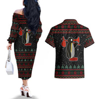 Penguin Tree Christmas Couples Matching Off The Shoulder Long Sleeve Dress and Hawaiian Shirt Xmas Holiday Patterns - Wonder Print Shop