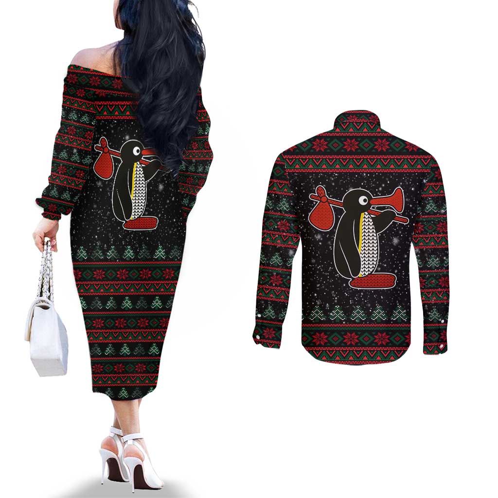 Penguin Tree Christmas Couples Matching Off The Shoulder Long Sleeve Dress and Long Sleeve Button Shirt Xmas Holiday Patterns - Wonder Print Shop