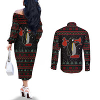 Penguin Tree Christmas Couples Matching Off The Shoulder Long Sleeve Dress and Long Sleeve Button Shirt Xmas Holiday Patterns - Wonder Print Shop