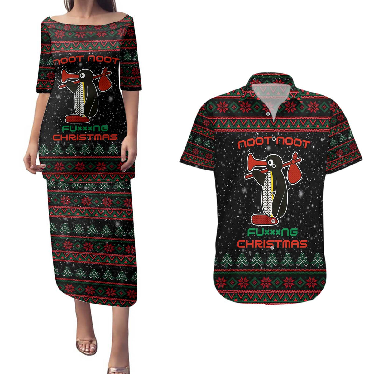 Penguin Tree Christmas Couples Matching Puletasi and Hawaiian Shirt Xmas Holiday Patterns - Wonder Print Shop