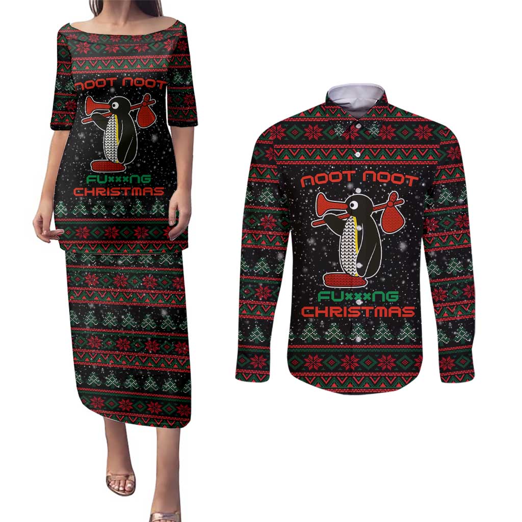 Penguin Tree Christmas Couples Matching Puletasi and Long Sleeve Button Shirt Xmas Holiday Patterns - Wonder Print Shop