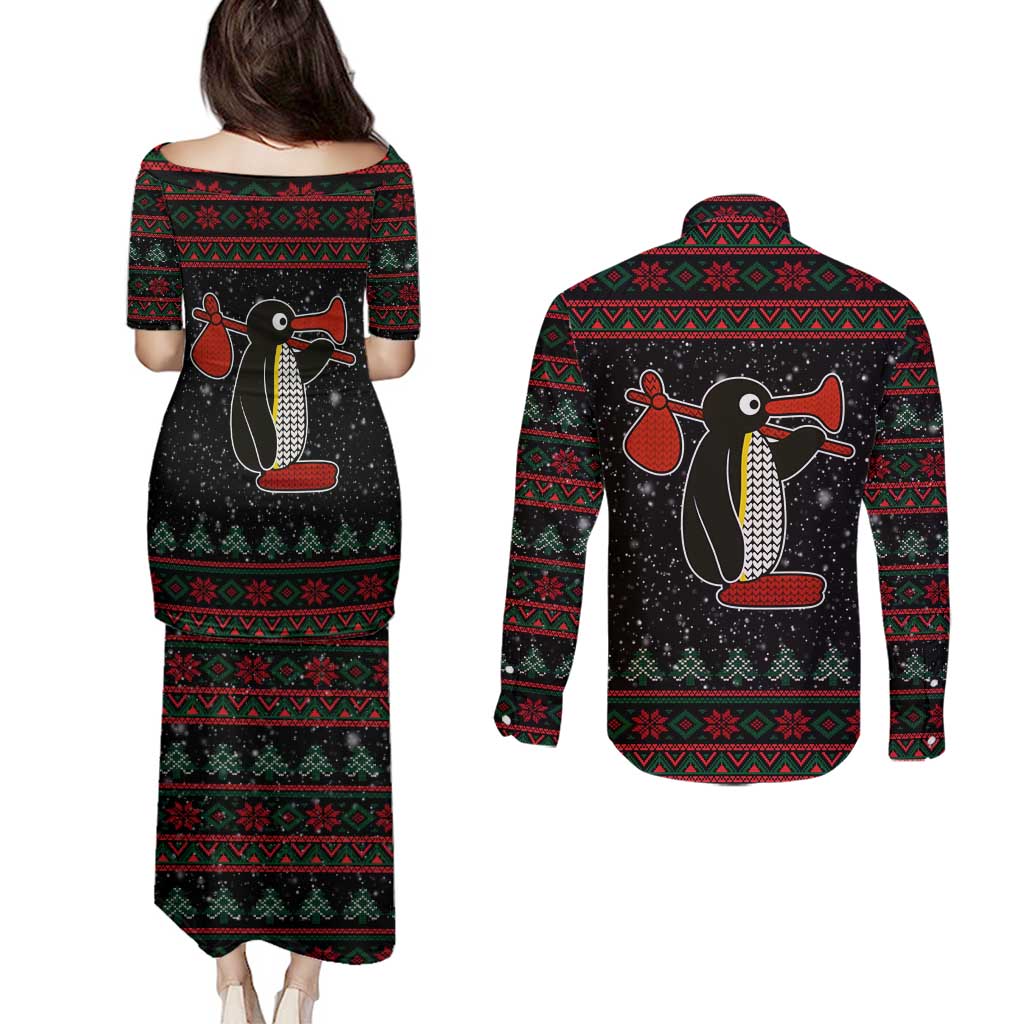 Penguin Tree Christmas Couples Matching Puletasi and Long Sleeve Button Shirt Xmas Holiday Patterns - Wonder Print Shop