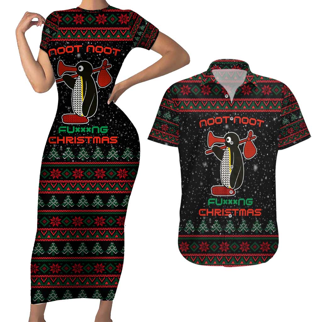 Penguin Tree Christmas Couples Matching Short Sleeve Bodycon Dress and Hawaiian Shirt Xmas Holiday Patterns - Wonder Print Shop