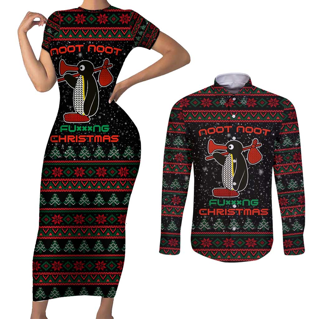 Penguin Tree Christmas Couples Matching Short Sleeve Bodycon Dress and Long Sleeve Button Shirt Xmas Holiday Patterns - Wonder Print Shop