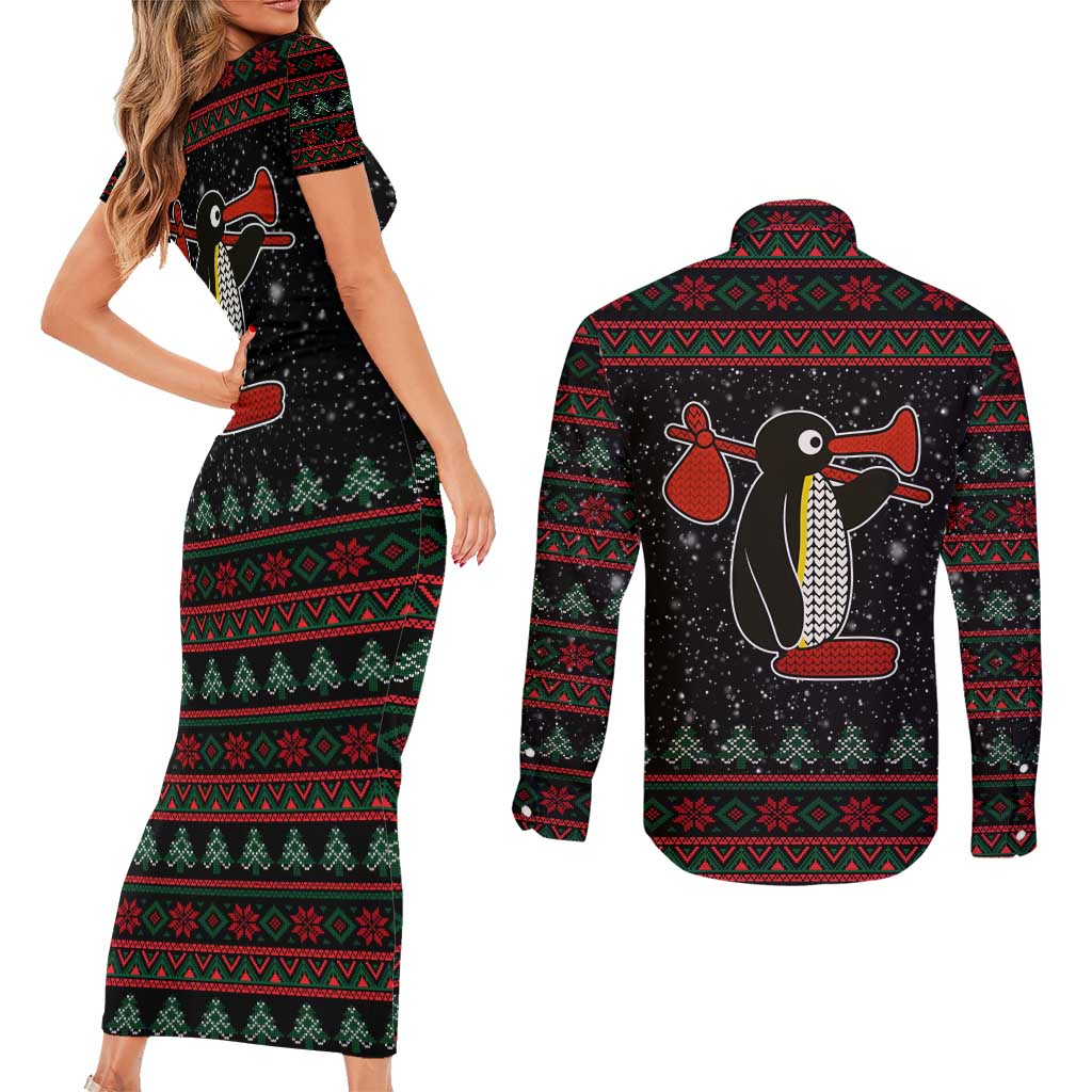 Penguin Tree Christmas Couples Matching Short Sleeve Bodycon Dress and Long Sleeve Button Shirt Xmas Holiday Patterns - Wonder Print Shop