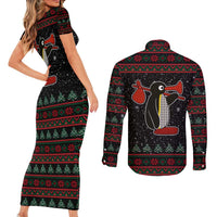 Penguin Tree Christmas Couples Matching Short Sleeve Bodycon Dress and Long Sleeve Button Shirt Xmas Holiday Patterns - Wonder Print Shop