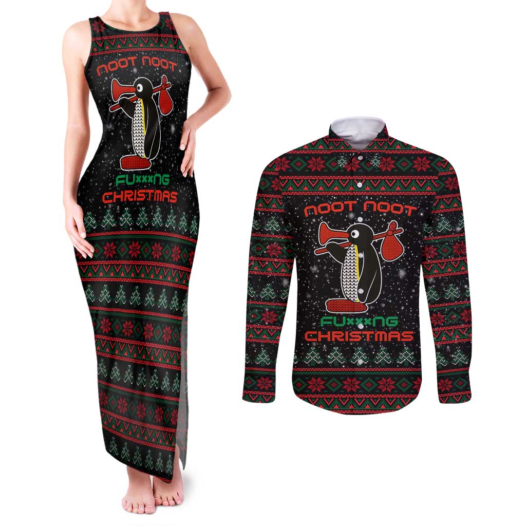 Penguin Tree Christmas Couples Matching Tank Maxi Dress and Long Sleeve Button Shirt Xmas Holiday Patterns - Wonder Print Shop