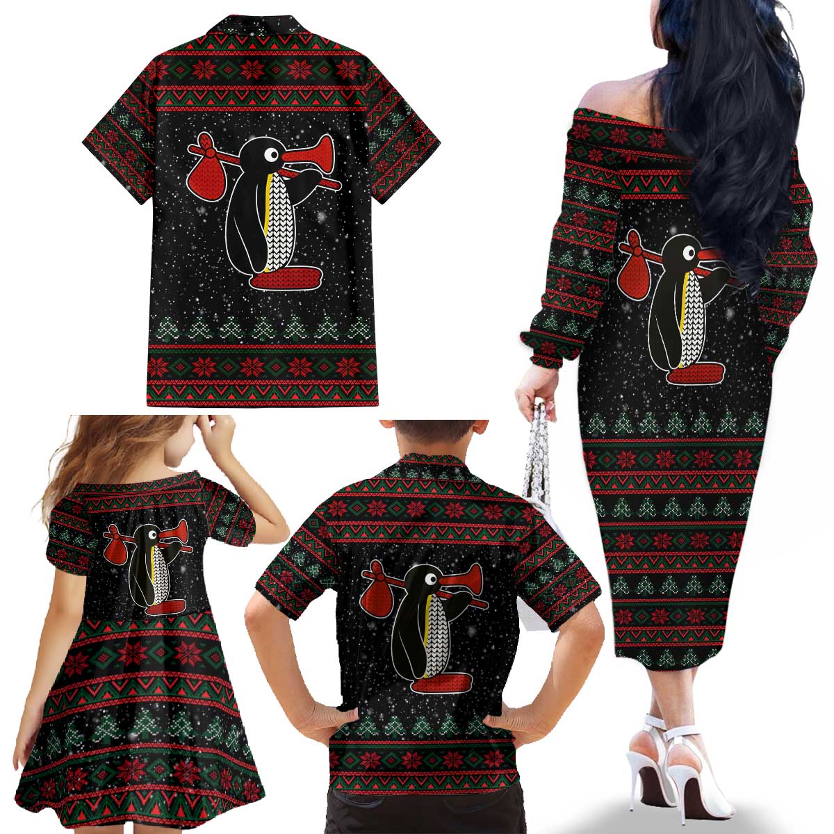 Penguin Tree Christmas Family Matching Off The Shoulder Long Sleeve Dress and Hawaiian Shirt Xmas Holiday Patterns - Wonder Print Shop