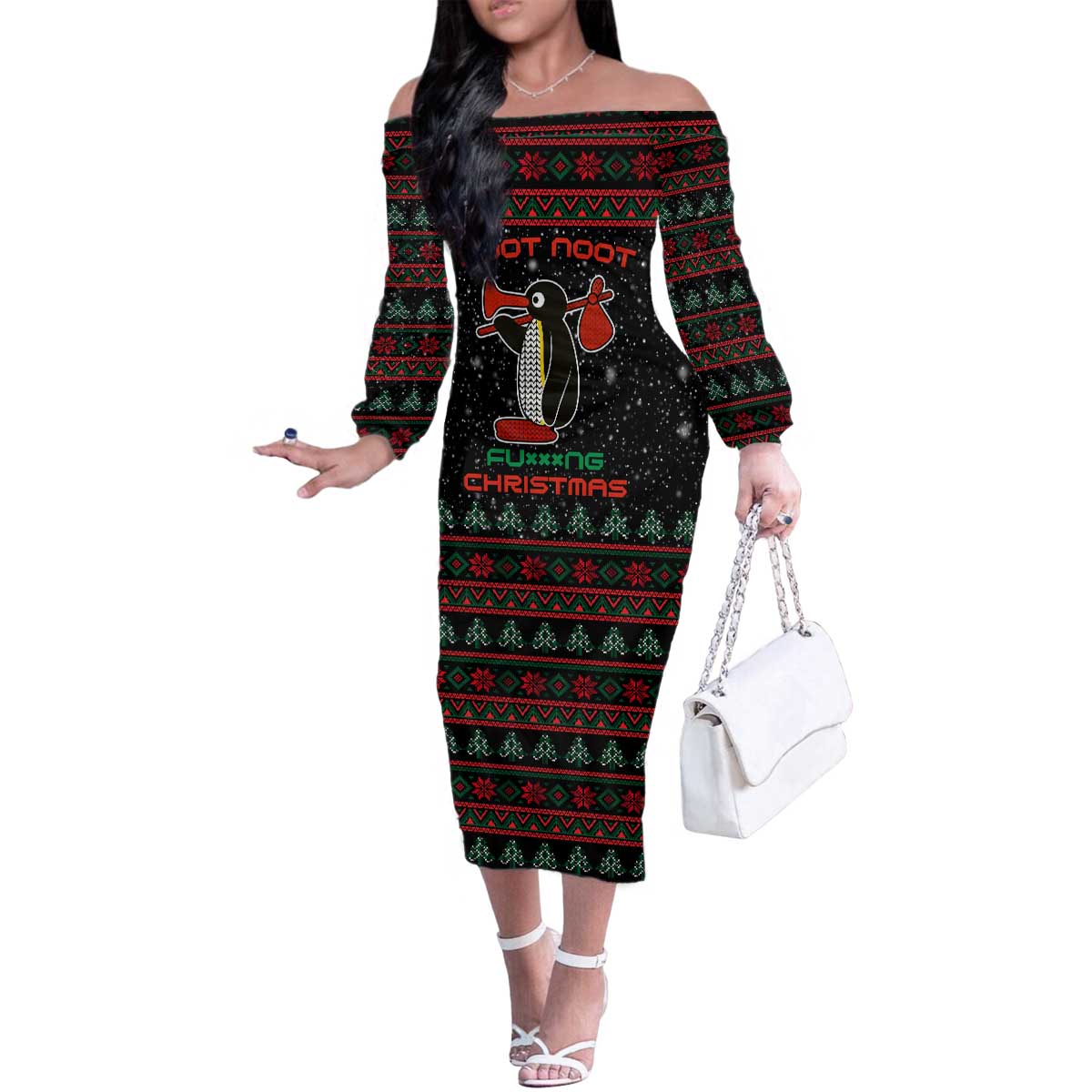 Penguin Tree Christmas Family Matching Off The Shoulder Long Sleeve Dress and Hawaiian Shirt Xmas Holiday Patterns - Wonder Print Shop