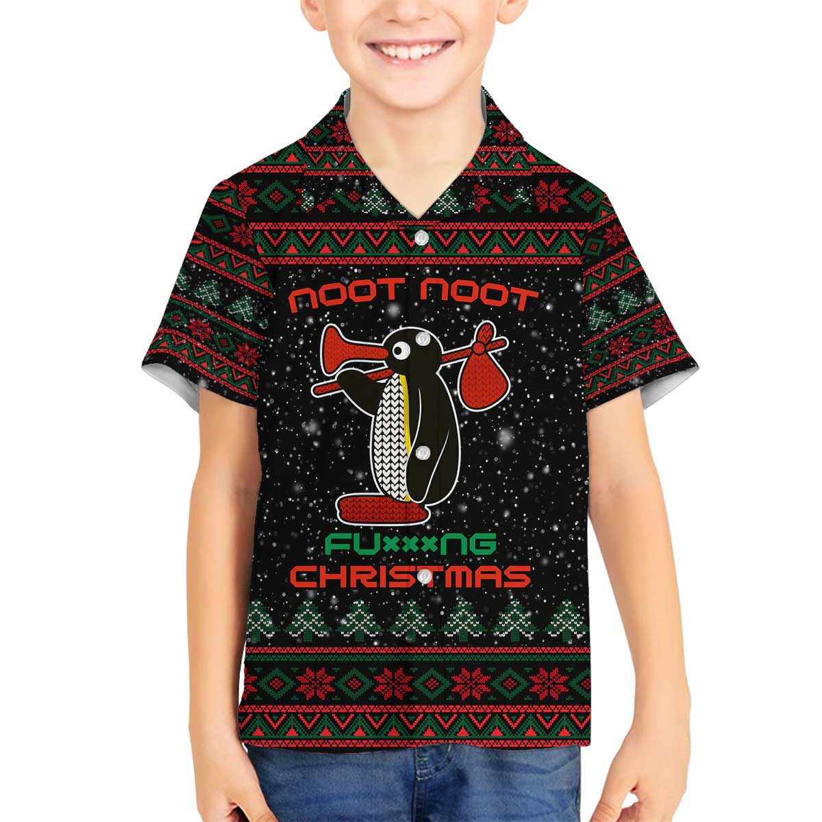 Penguin Tree Christmas Family Matching Off The Shoulder Long Sleeve Dress and Hawaiian Shirt Xmas Holiday Patterns - Wonder Print Shop