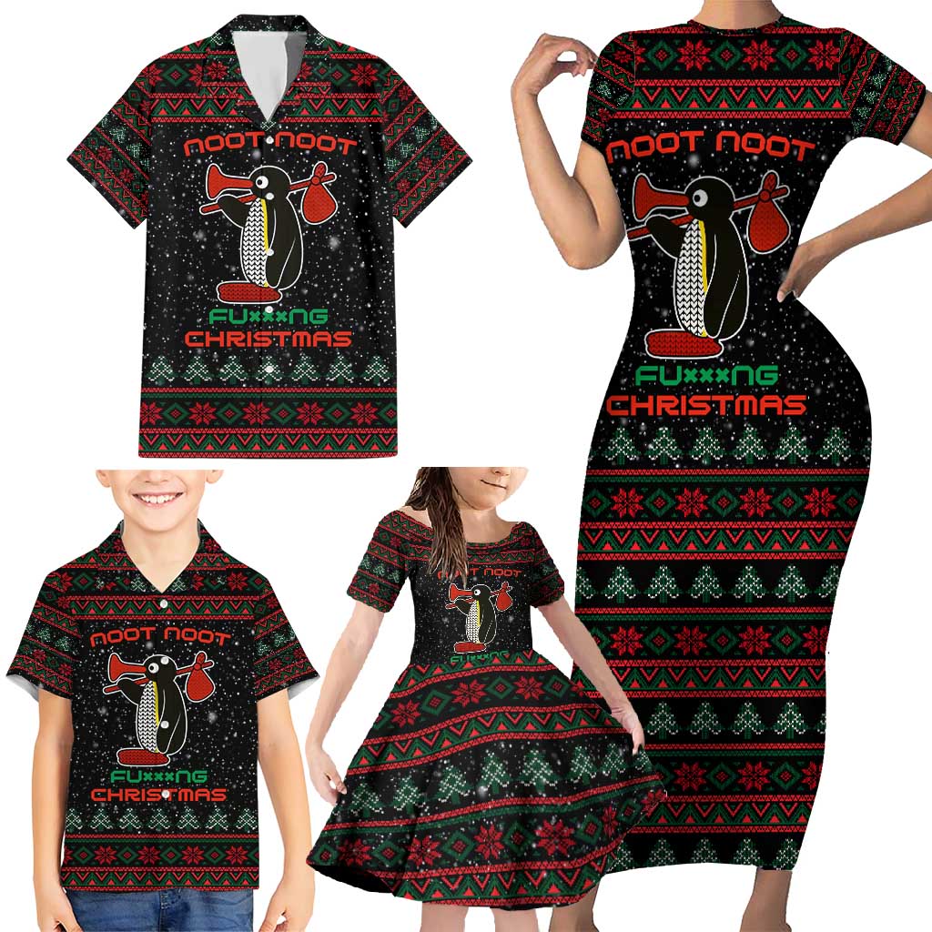 Penguin Tree Christmas Family Matching Short Sleeve Bodycon Dress and Hawaiian Shirt Xmas Holiday Patterns - Wonder Print Shop