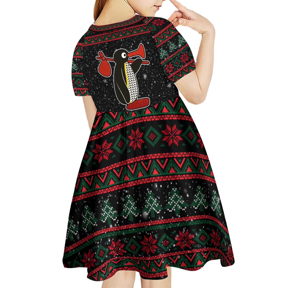 Penguin Tree Christmas Kid Short Sleeve Dress Xmas Holiday Patterns - Wonder Print Shop