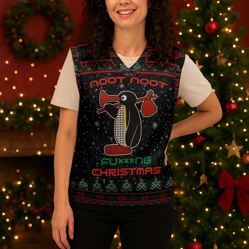 Penguin Tree Christmas Knitted V-Neck Vest Xmas Holiday Patterns - Wonder Print Shop