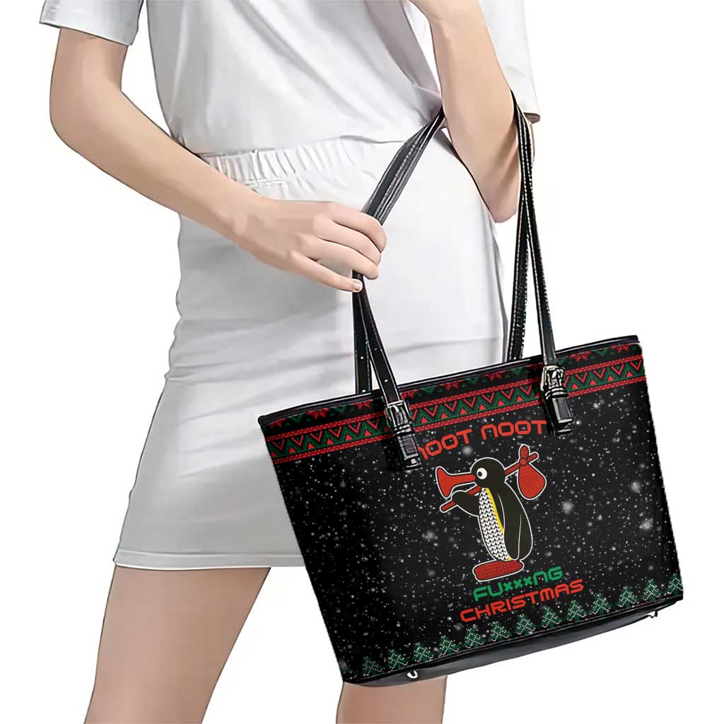 Penguin Tree Christmas Leather Tote Bag Xmas Holiday Patterns - Wonder Print Shop