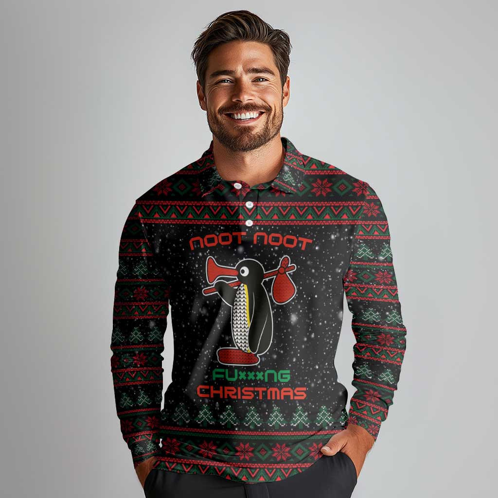 Penguin Tree Christmas Long Sleeve Polo Shirt Xmas Holiday Patterns - Wonder Print Shop