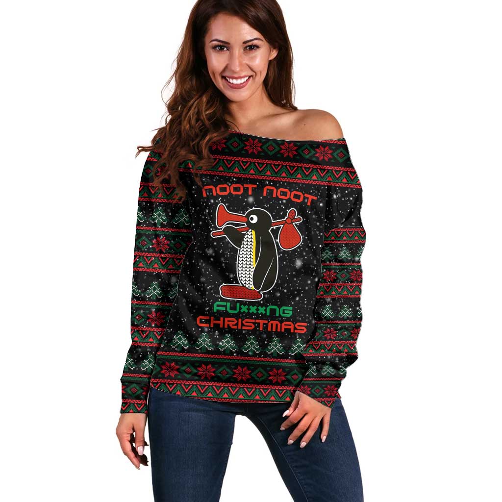Penguin Tree Christmas Off Shoulder Sweater Xmas Holiday Patterns - Wonder Print Shop