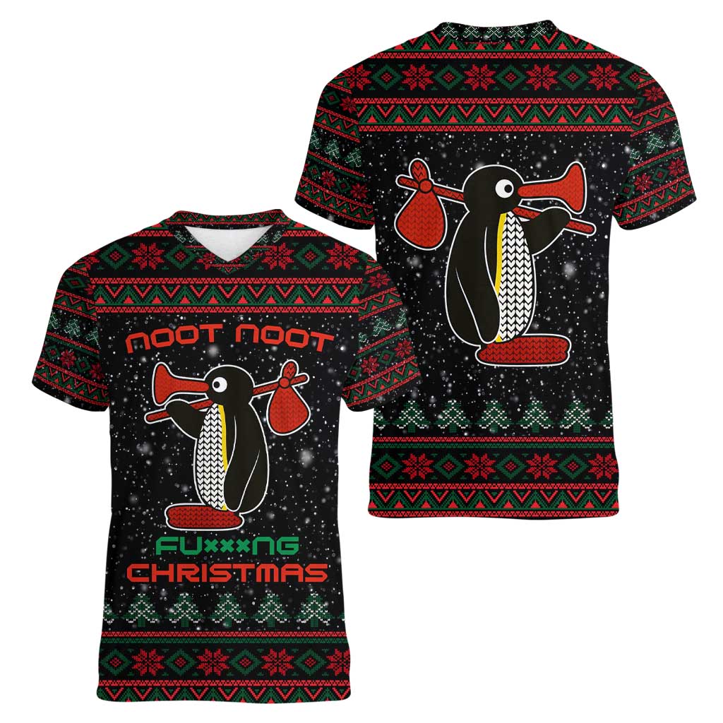 Penguin Tree Christmas Women V-Neck T-Shirt Xmas Holiday Patterns - Wonder Print Shop