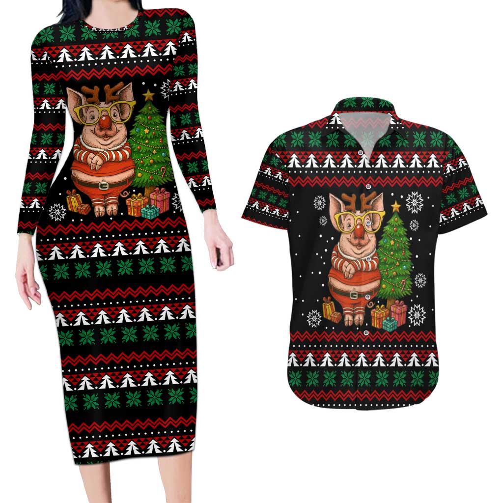 Pig Gorgeous Reindeer Christmas Couples Matching Long Sleeve Bodycon Dress and Hawaiian Shirt Xmas Holiday Patterns - Wonder Print Shop