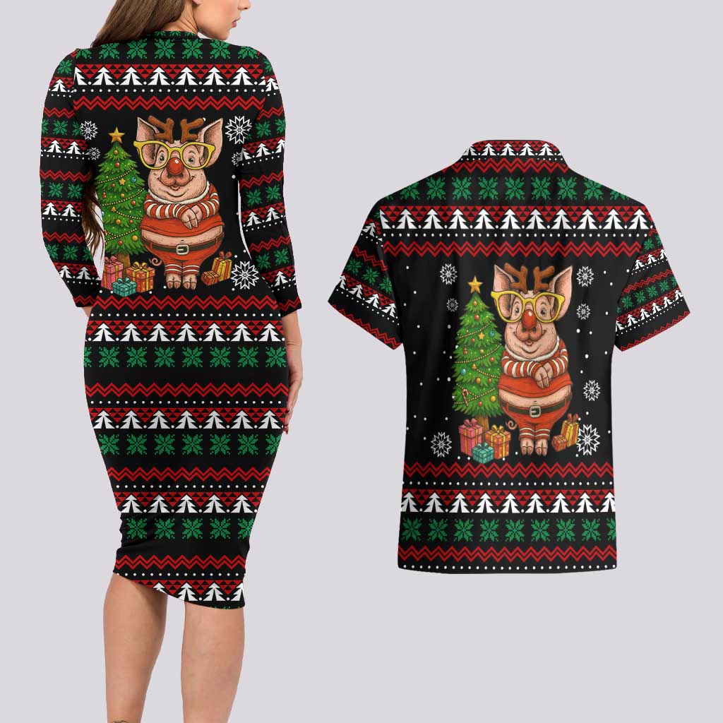 Pig Gorgeous Reindeer Christmas Couples Matching Long Sleeve Bodycon Dress and Hawaiian Shirt Xmas Holiday Patterns - Wonder Print Shop