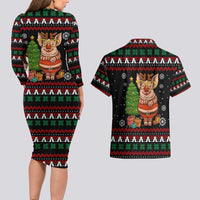 Pig Gorgeous Reindeer Christmas Couples Matching Long Sleeve Bodycon Dress and Hawaiian Shirt Xmas Holiday Patterns - Wonder Print Shop